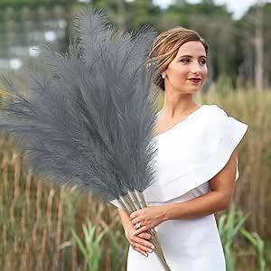 Pampas Grass 5 Pcs Dried Flowers Artificial Fake Plants Autumn Decorations, Boho Decor Home Decoration for Halloween Christmas Weddings Party Crafts Vase Indoor and Outdoor(Gray)