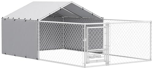 PawHut Kennel Recinto per Cani da Esterno con Tetto Anti-UV Impermeabile e Ciotole Girevoli, Box Canile Gabbia per Cani Taglia Media e Grande con Porta con Blocco in Acciaio, 400x230x150 cm, Argento