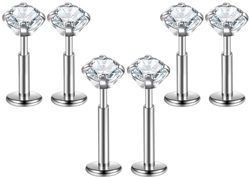 6Pcs Threadless Push in flat back earrings, Tragus Earrings (Sliver)