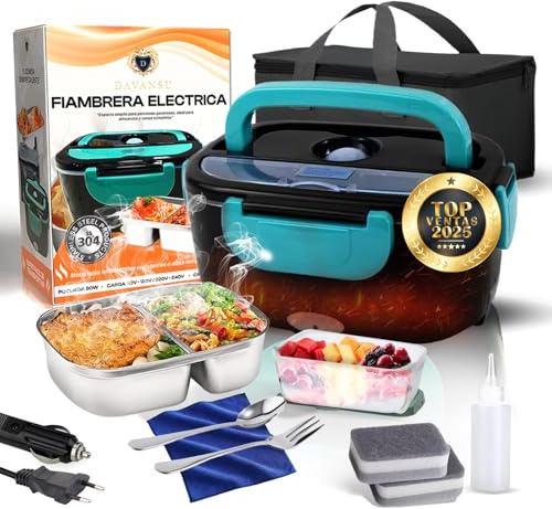 DAVANSU® SUPER PACK Fiambrera Electrica 80W 4 en 1 + 7 ACCESORIOS | 12V/24V/220V~240V Calentador de Comida Portatil con Termo para Coche Camión, Trabajo 1.5L |Acero Inoxidable 304|Fiambrera termica