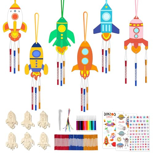 Carillon éolien enfants, 12 pièces carillon éolien,bricolage fête d'anniversaire d'enfants,peinture sur bois,bricolage spatial fête d'anniversaire d'enfants,décor fête en plein air garçons et filles