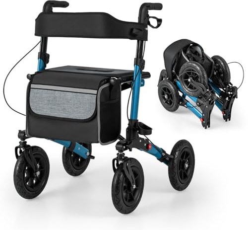 COSTWAY Rullator med luftfyllda däck, hopfällbar och lätt med sits, upp till 140 kg, 2-i-1 rullstol och reserullator, gånghjälpmedel med 7-vägs höjdjustering, rullator med väska och käpphållare (blå)