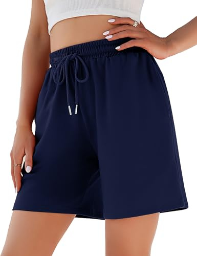 Jezonga Women's Running Shorts Casual Lounge Gym Athletic Sweat Jogging Sport Loose Workout Hiking High Waisted Knee Length with Pockets Navy，XXL