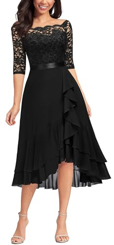 MIUSOL Women's Elegant Lace Chiffon 2/3 Sleeve Off-Shoulder Cocktail Ball Bridesmaid Patry Swing Midi Dress (Medium, Double Hem-Black)