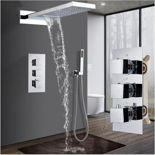 Sistema de Ducha empotrable, Grifo termostático, Mezclador de Ducha empotrable con Ducha de Mano y Cabezal de Ducha Tipo Cascada, Cromado.