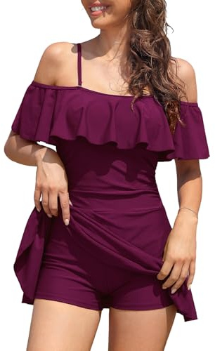 SHEKINI Womens Skirted One Piece Swimsuit Off-Shoulder Swimwear