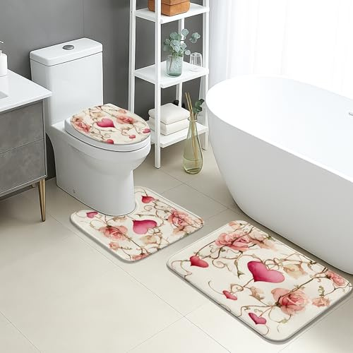 Alfombra De Baño De 3 Piezas Corazones Y Flower Románticos Melocotón Juego De Alfombrillas De Baño Antideslizantes Decorar Alfombras De Cama, para Bathroom, Cocina, Dormitorio