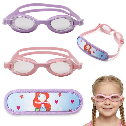 MYZWEL 2 Pezzi Occhialini Nuoto Bambini e 1 Fascia Proteggi Capelli, Occhialini Piscina Bambina e Bambino 3-12 Anni, Visione Chiara Antiappannamento No Perdite per Mare e Piscina, Sirena Rosa/Viola