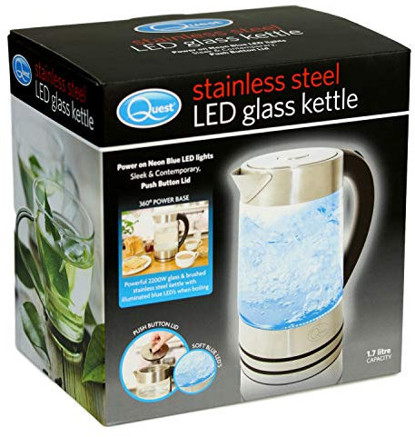 Quest 34260 1.7L Glass and Stainless-Steel Illuminating Kettle/Fast Boil 2200W / Spout Filter/Overheat Protection/Non-Slip Feet/Cord Storage/BPA Free