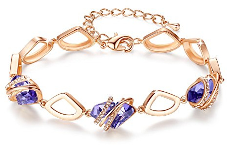 Leafael Önskar Sten Länk Charmarmband med Tanzanitlila för Birthstone Kristall för februari, Rose guldpläterad, 7+2