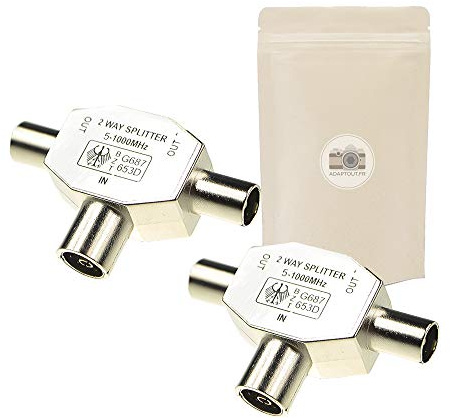 Adattatore sdoppiatore splitter tipo T o Y antenna TV - 1 presa femmina e 2 spina maschio - Prese tipo 9.5 - Connettore coassiale - Adaptout marca francese