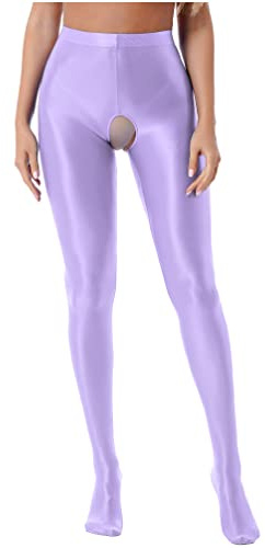 YONGHS Woman Oil Shiny Footed Pantyhose Tights Leggings Glossy Shimmery Hold Up Stockings Lingerie Light Purple A Large