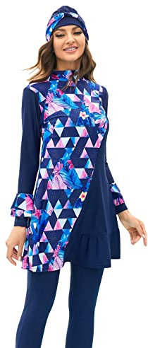 IMEKIS Mujer Burkini 3 piezas Traje de baño musulmán modesto Traje de baño islámico Traje de baño de cuerpo entero Trajes de baño de manga larga con bañador Hijab Tankini Set, azul, XL