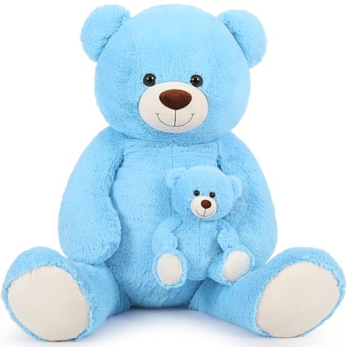 MorisMos 100cm Orso Peluche Gigante, XXL Blu Orsacchiotto Peluche con Bambino, Orsetto Pupazzo Grande Teddy Bear Regalo per Bambino Lei Lui Fidanzata Compleanno Decorazioni