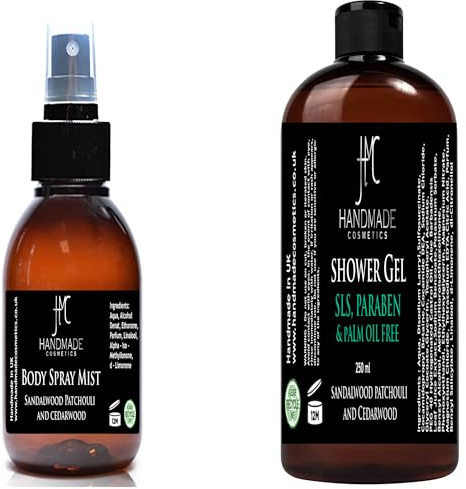 Sandalwood Patchouli & Cedarwood Bundle Body Mist Spray 100ml & Shower Gel 250ml Handmade In UK