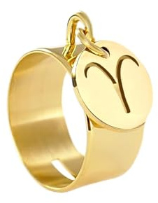 Emotional Bague avec pendentif Bague personnalisable femme avec pampille Signe Astrologique [ Bague femme acier inoxydable ] (56, Doré)