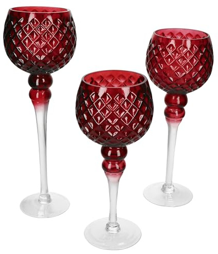 MamboCat 3tlg Set Windlicht Manou I runde Teelichthalter in Weinrot mit Rauten-Dekor & transparentem Fuß I Höhe 30cm, 35cm & 39,5cm I Kerzenständer aus Glas, Tisch-Deko, Weihnachten, Winter