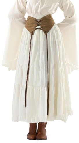 Fiamll Gonna medievale da donna, linea ad A, elasticizzata, maxi gonna lunga da donna, con coulisse, beige., M