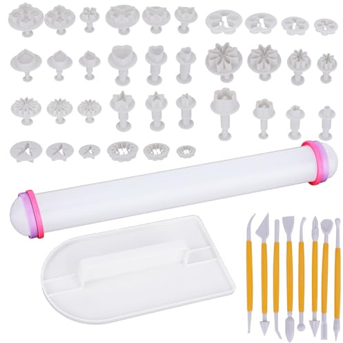 Cake Flower Fondant Tools, ONEVER 46pcs Cake Sugarcraft Decorating Kit with with Rolling Pin, Snowflake Flower Leaf Butterfly Shape Mould Fondant Tools for DIY Cake Decorating