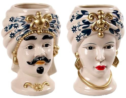 Morgan Teste di Moro Coppia Re e Regina Caltagirone, Stile Ceramiche Siciliane, Vaso Testa di Moro in Ceramica 12x18 cm
