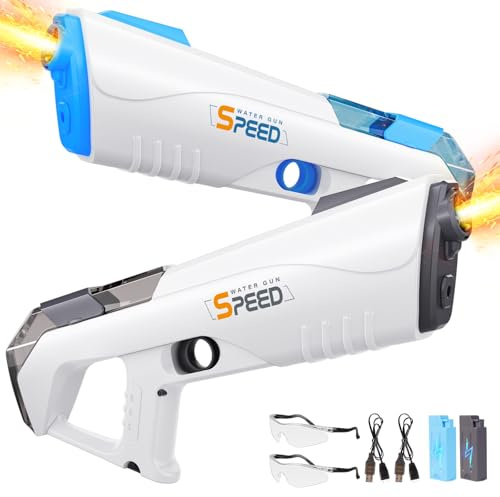 2 Piezas de Pistolas de Agua Eléctricas con Luz LED para Adultos y Niños, Pistolas Automáticas de Gran Volumen (500 ml) y Gran Alcance (12 m), Juguete de Agua Recargable para Verano (Azul y Gris)
