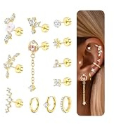 Dochais 12Pcs Pendientes Piercing Oreja Mujer Acero Inoxidable Pendientes Aro Pequeños Oro Piercings Oreja Cartilago Hipoalergénicos Helix Conch Tragus Piercing para Múltiples Mujer Hombre 20G