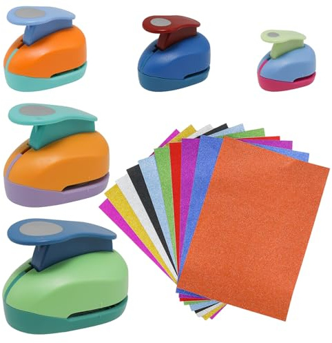 JAKOUE Paper Hole Puncher Set,5PCS Circle Punch (0.3/ 0.6/ 1/ 1.5/ 2),for Cardstock,Gift Wrapping,Greeting Cards and Scrapbook(10PCS Glitter Sheets Included)