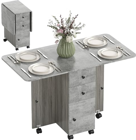 HOMCOM Mesa Plegable de Comedor, Mesa de Cocina Plegable, con Ruedas, Alas Abatibles, 2 Cajones, Estante y Armario, hasta 6 Personas, para Salón, Espacio Pequeño, 120x60x76,5 cm, Gris