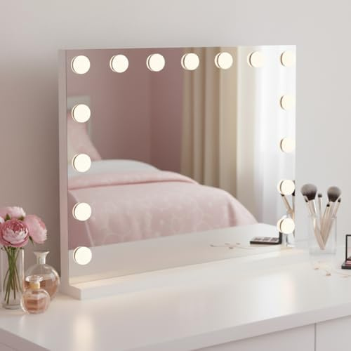 Bellamio Livny Schminkspiegel mit Beleuchtung – Schminktisch Spiegel mit LED-Glühbirnen 58x46cm – Hollywood Spiegel 3 Farbstufen & Touch-Sensor – Kosmetikspiegel mit USB-Ladeanschluss