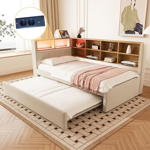 Merax Canapé-lit 90x200 cm, avec lit gigogne 90x190 cm, éclairage LED, prises de courant et connexions USB/Type-C, lit rembourré avec beaucoup de rangement et de compartiments, revêtement en flanelle