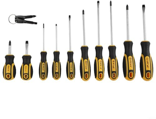 Lot de 10 tournevis magnétiques avec poignée ergonomique TPR pour vis cruciformes et fendues, construction en acier au chrome vanadium (12 pièces)