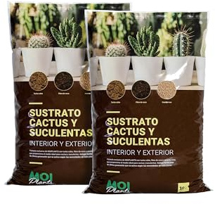 MOIPLANTS SUSTRATO para Cactus Y SUCULENTAS (Pack de 2 x10L) Fórmula Exclusiva. Máxima Aireación. con turba Rubia, Fibra de Coco y Granito. Enriquecido con Fertilizante de última generación.
