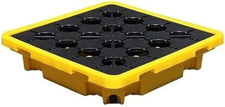 Robust, modulär uppsamlingsbricka med dräneringsbehållare – 66 x 66 x 15 cm gul-svart randig uppsamlingsplattform för olje- och kemikaliereglering, lämplig för industriella olje- och kemikalierolyckor