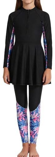 Girls Burkini Modest Swimwear Two Piece Swimming Costume Teen Padded Long Sleeve Tankini Full Body Swimsuit Black 13-14 Years