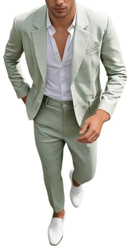 Ensemble de Costume Décontracté 2 Pièces en Lin pour Homme Blazer à Un Bouton, Veste et Pantalon pour Bal de Fin D'Année, Fête de Mariage Elégante et Confortable et Pantalon