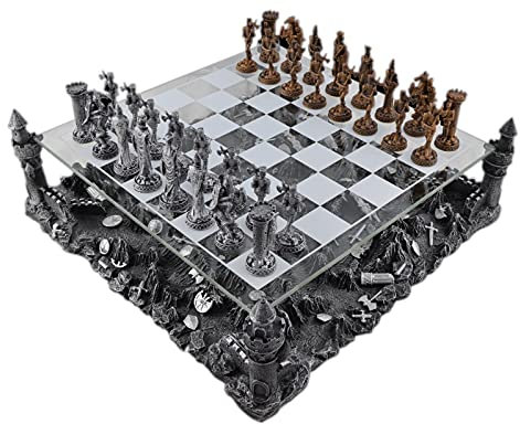 Hochwertiges Zinn Schachspiel Ritter mit Glasbrett und Landschaft Schachbrett mit 32 Figuen, 2 spieler, 8-100 Jahre