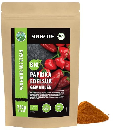 Ekologisk söt paprika, ekologisk mald söt paprika, ekologisk paprikapulver från certifierad ekologisk odling, glutenfri, laktosfri, laboratorietestad, vegan, 100% naturlig utan tillsatser (250 GR)