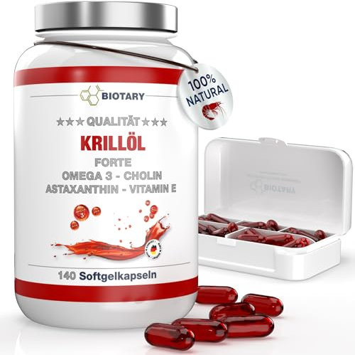 BIOTARY Krillöl 200 Softgelkapseln 1040 mg Hochdosiert 400 mg Phospholipide / 50 mg Cholin inclusive Pillenbox Omega 3 Astaxanthin Vitamin E Laborgeprüft 6-7 Monatsvorrat