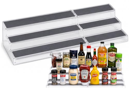 Oizeir 3–Tier Expandable Plastic Spice Rack - Adjustable Length, Stability with Non-Skid Shelf, Three Tiers for Easy Visibility, Organizer for Kitchen Cabinet, Pantry or Countertop, White/Grey