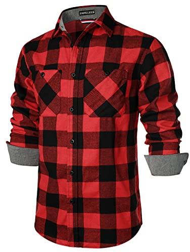 PARKLEES Chemises en polaire à carreaux classiques et élégantes pour hommes, coupe régulière, décontractées, manches longues, boutonnées, avec poche, rouge/noir, XL