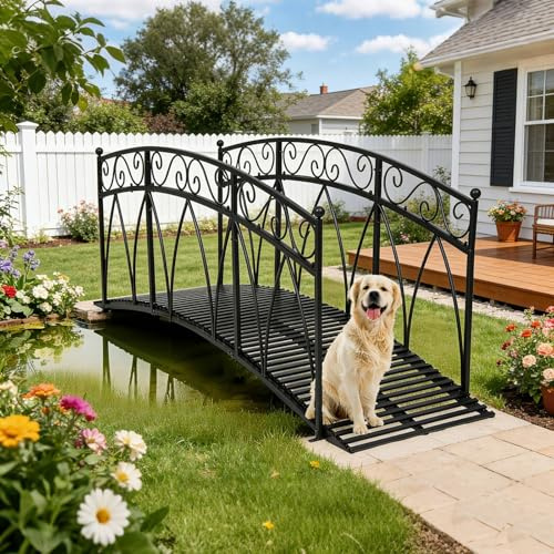 Kinlife 8 FT Metal Arch Garden Bridge – Heightened Patio Outdoor Bridge with Safety Guardrails, Decorative Landscaping Iron Footbridge for Backyard Creek Lawn Stream Fish Pond, Black