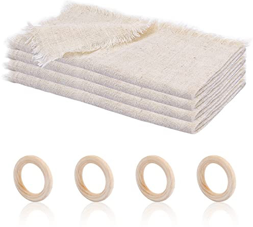 TOTSUN 4 Linen Tassel Napkins Cotton Linen Cloth with Wooden Rings Resuable Table Napkins Suitable for Wedding Birthday Party Festival Dinner Decoration