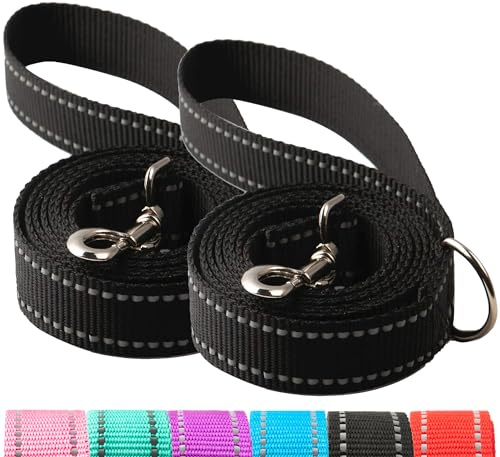 SUNNQ 2-Pack Reflective Leash 6ft - Nylon Leashes for Small, Medium, Large Dogs, Puppies, Cats - 6ft Training Leash with D Ring (Black, 1 X 6FT(2-Pack))