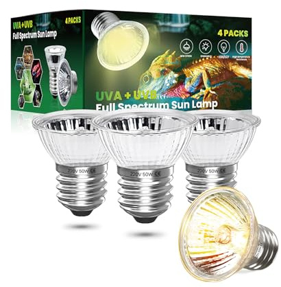 CucuGo 50W E27 Lampadina di Riscaldamento per Rettili Dimmerabile AC220-240V lampada uvb tartarughe UVA UVB Lampada Alogena Solare Spettro Completo Presa il Sole, per Tartaruga Ragno Serpente (4Pcs)