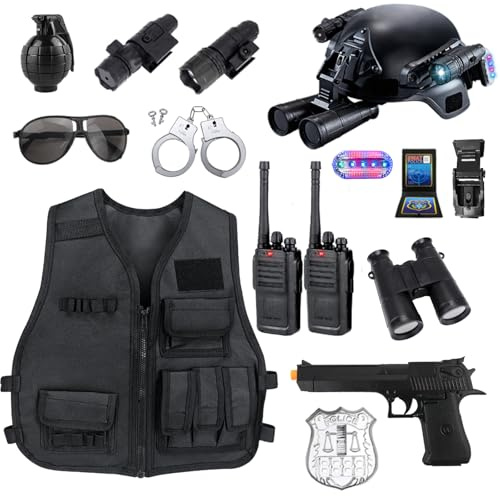 KalaDuck Disfraz Policía Niño 3 años, 14Piezas Accesorios con Casco Policial, Chaleco SWAT, Walkie Talkie, Juguete Esposas, Juego de Rol de Disfraz Halloween Policía Juguetes para Niños Niñas