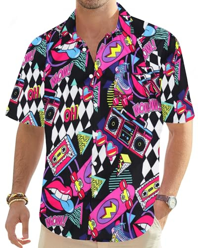 hohololo 80s Vintage Shirt for Men 70s Disco Shirt Party Costume Men's Retro Classic Hawaii Shirt（Multicoloured-B,XXL