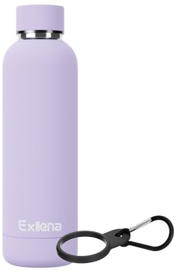 Exllena Insulated Water Bottles 500ml with Clip, Double Wall Vacuum Drinks Bottle Keeps Drinks Cold 24 Hrs/Hot 12 Hrs, Stainless Steel Water Bottle BPA Free (Purple)