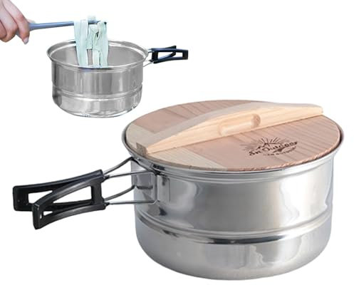 Inserto per cottura a vapore multistrato, padella impilabile, cottura a vapore in acciaio inox, coperchio in legno, pentola portatile in titanio, 3 ripiani, perfetta per cucinare a casa, escursioni e