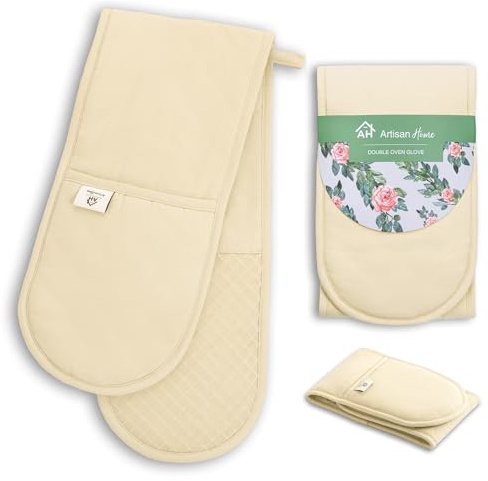 Butter Yellow Oven Gloves | Thick Potholders Heat Resistant | Quilted Cotton & Silicone Non-Slip Design Pot Holders for Baking Cooking BBQ | Machine Washable Oven Mitts Kitchen Accessories