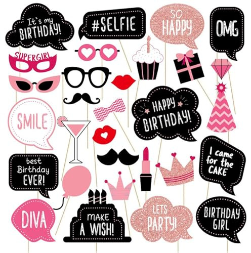 Photo Booth Props, 30Pcs Black Pink Rose Gold Photo Booth Props Birthday for Girls Party Accessories